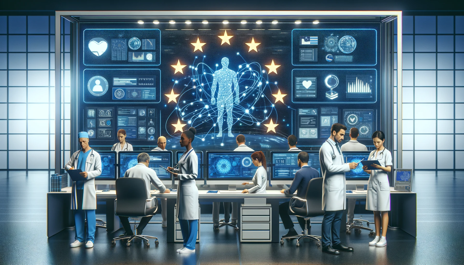 Illustration of engineers working at computer workstations in a modern operations room